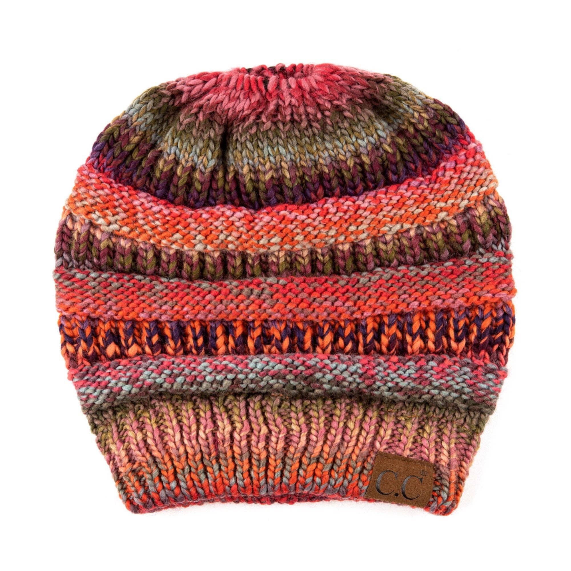 CC Bun/Pony Multi Colored Striped Beanie: Rust Mix