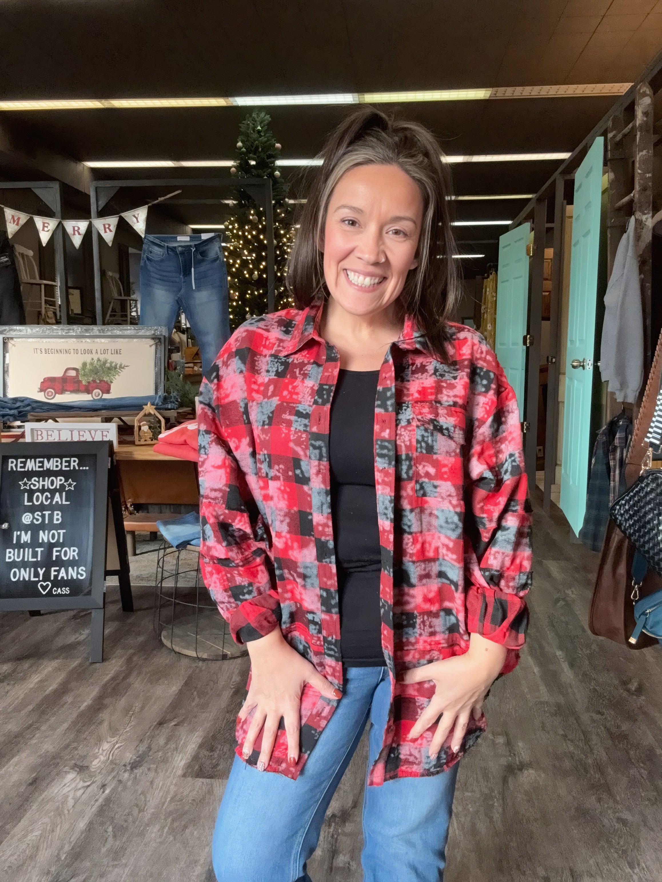 Crimson Crush Distressed Plaid Top