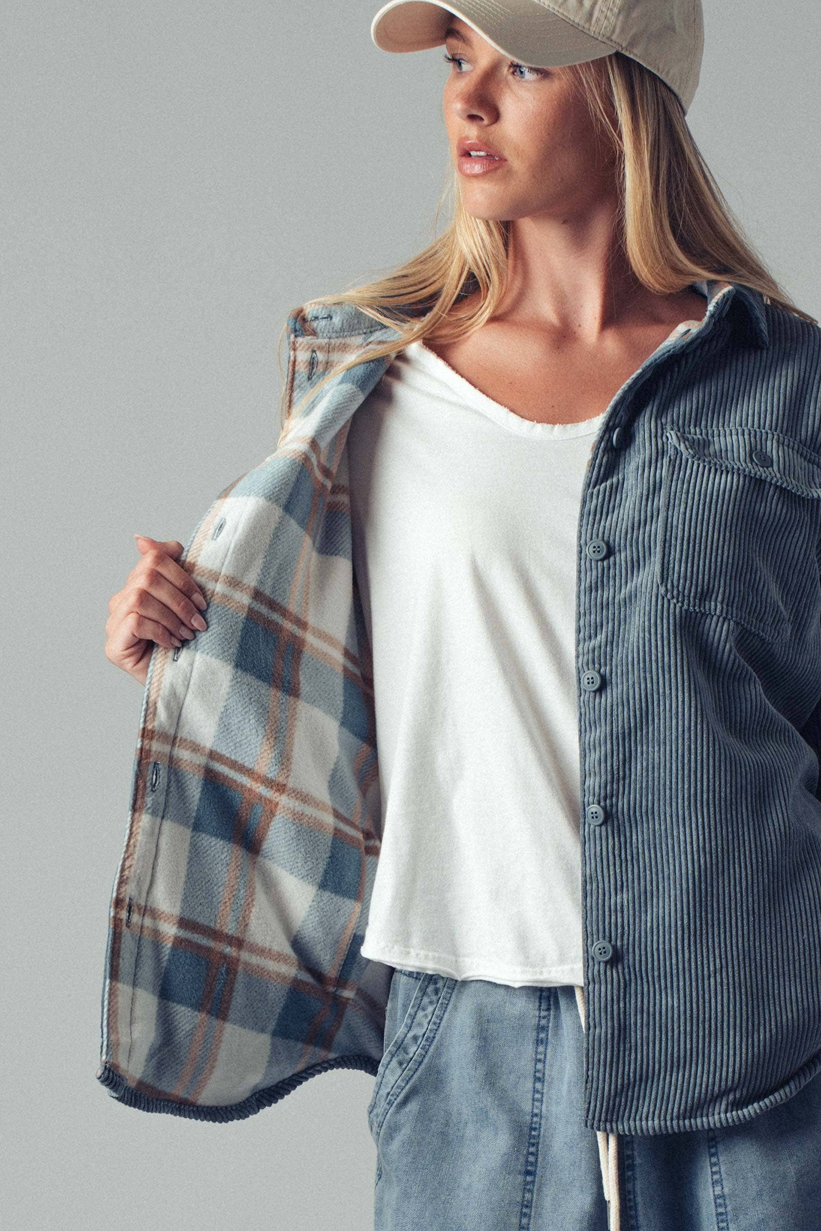 Plaid Lined Corduroy Flannel Shacket: BLUE STONE