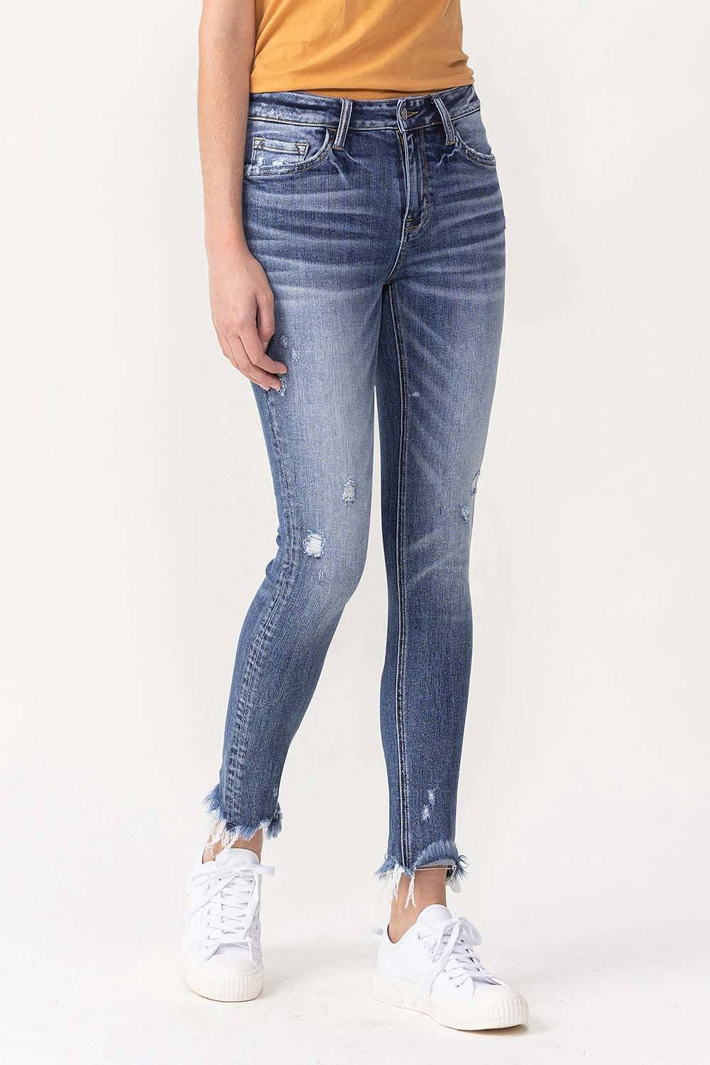 Fondly: MID RISE ANKLE SKINNY WITH FRAYED HEM
