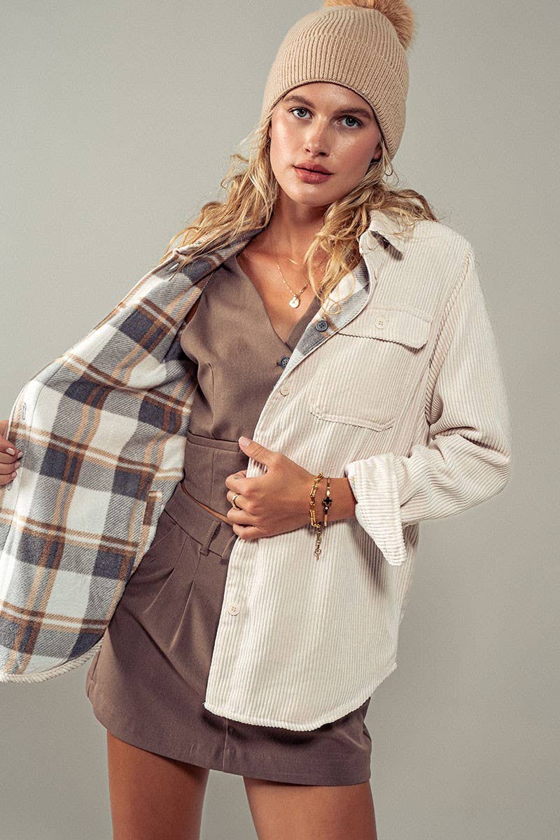 Plaid Lined Corduroy Flannel Shacket: CREAM