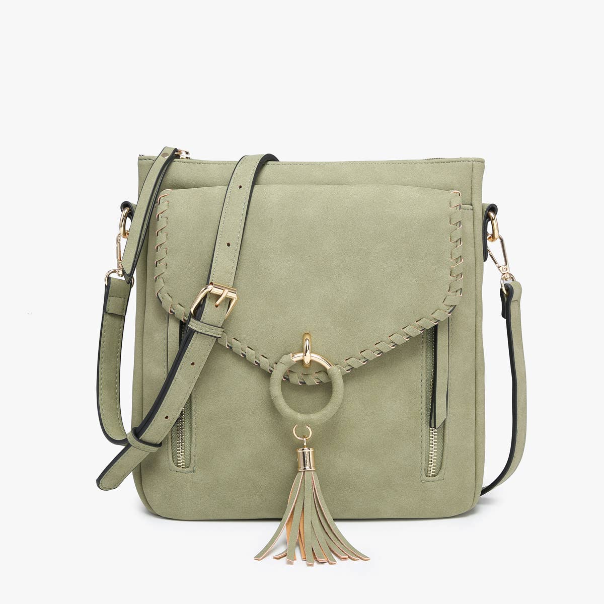 Layla Faux Suede Whipstitch Crossbody w/ Tassel: Olive