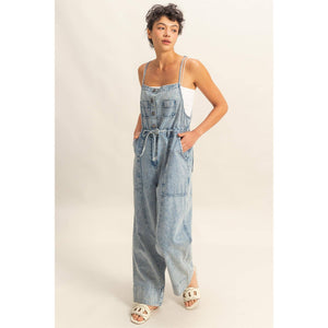 Front Pocket Drawstring Denim Jumpsuit