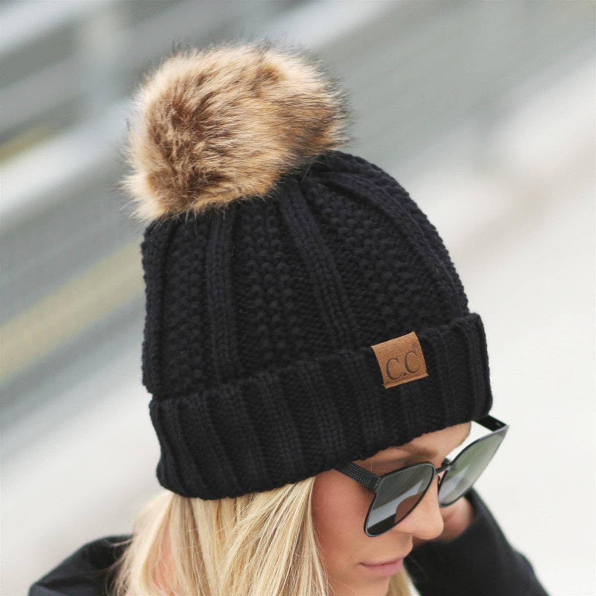 CC Bold Faux Fur Accented Beanie Black