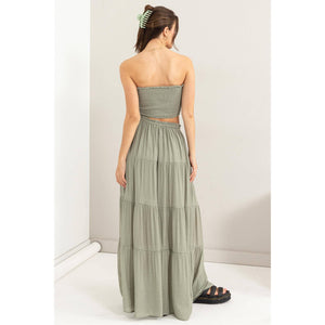 TUBE TOP AND TIERED MAXI SKIRT SET: TEA OLIVE