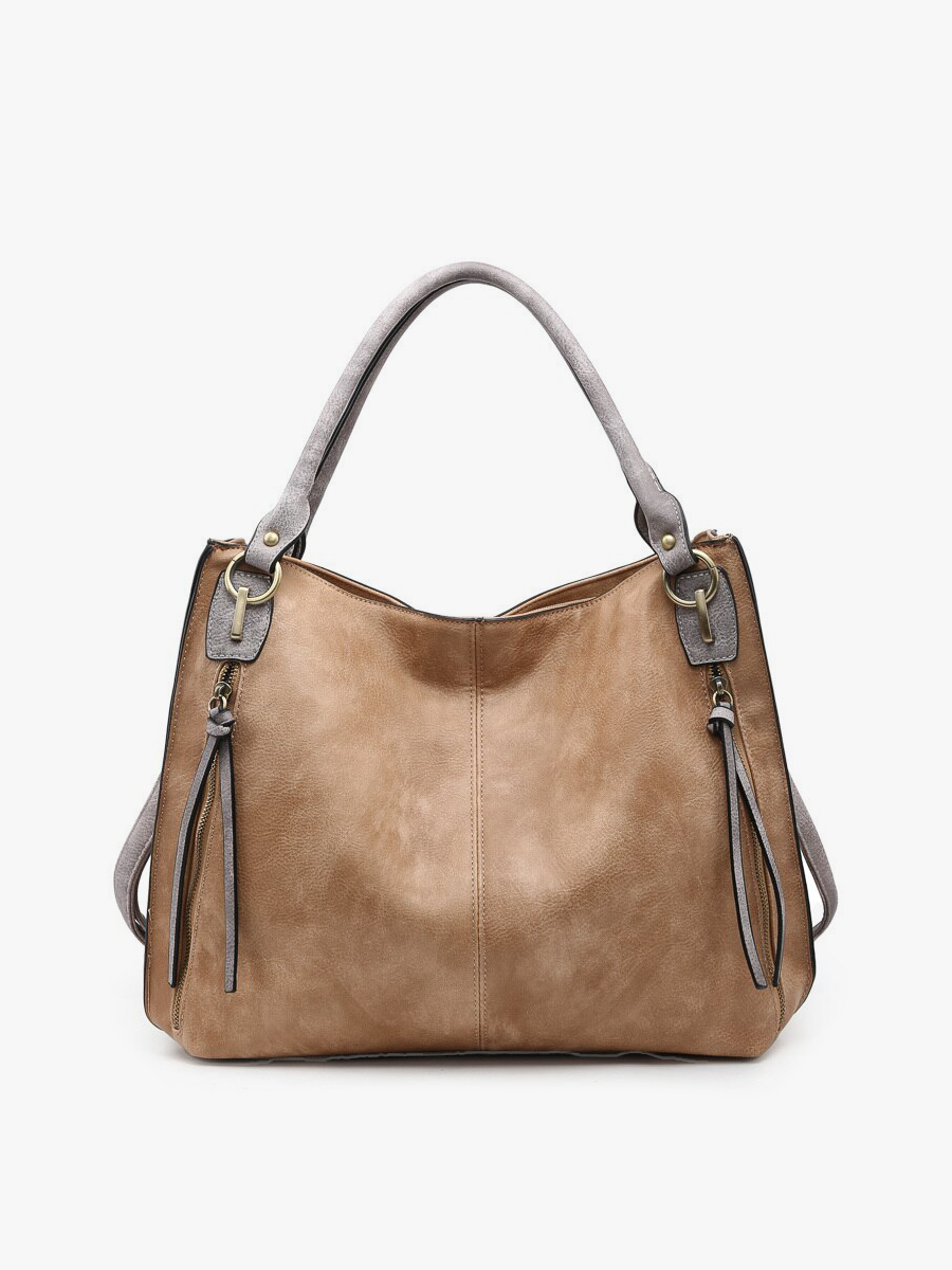 Connar Distressed Side Pocket Tote: Tan