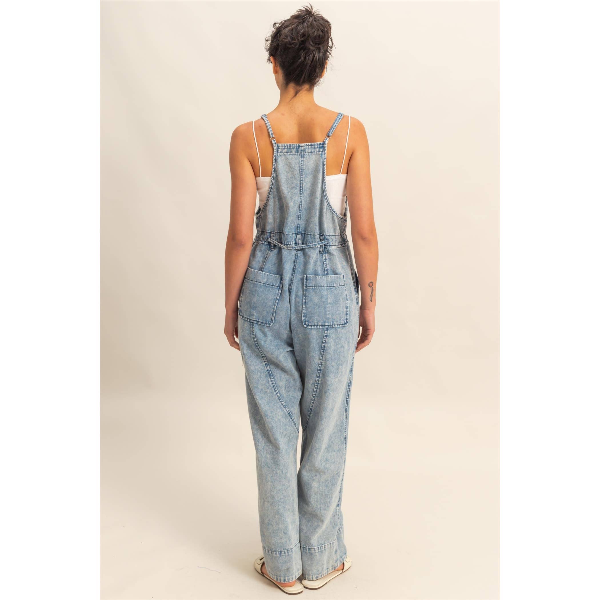 Front Pocket Drawstring Denim Jumpsuit