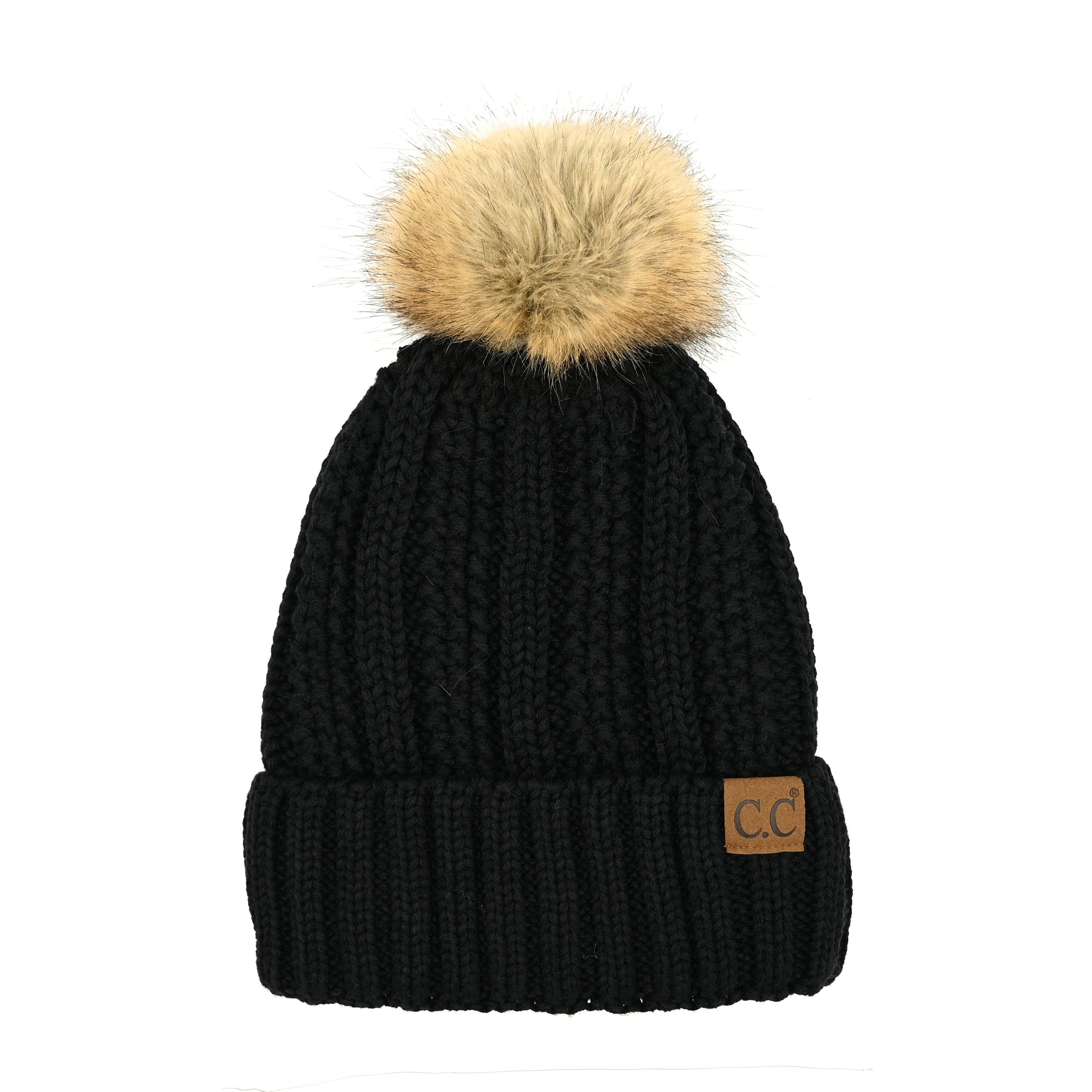 CC Bold Faux Fur Accented Beanie Black