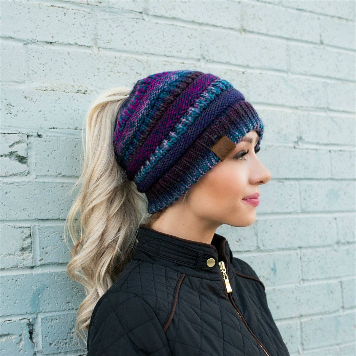 CC Bun/Pony Multi Colored Striped Beanie: Rose Mix