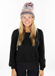 Multi-Color Yarn Knit Pom Hat - Rose