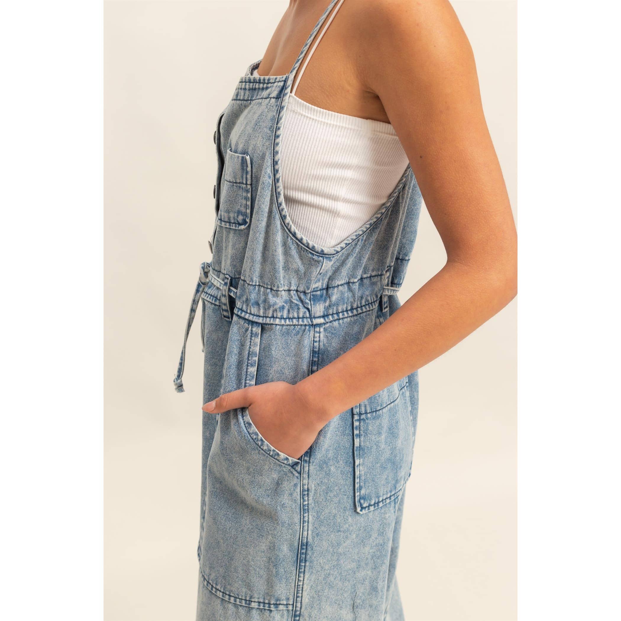 Front Pocket Drawstring Denim Jumpsuit