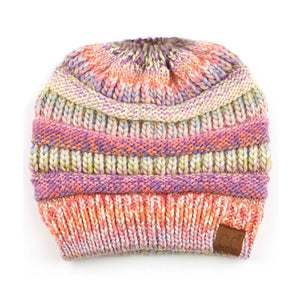 CC Bun/Pony Multi Colored Striped Beanie: Rose Mix