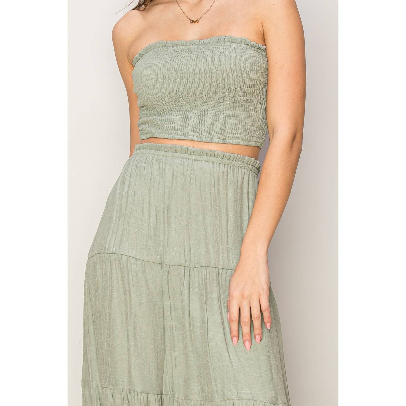 TUBE TOP AND TIERED MAXI SKIRT SET: TEA OLIVE