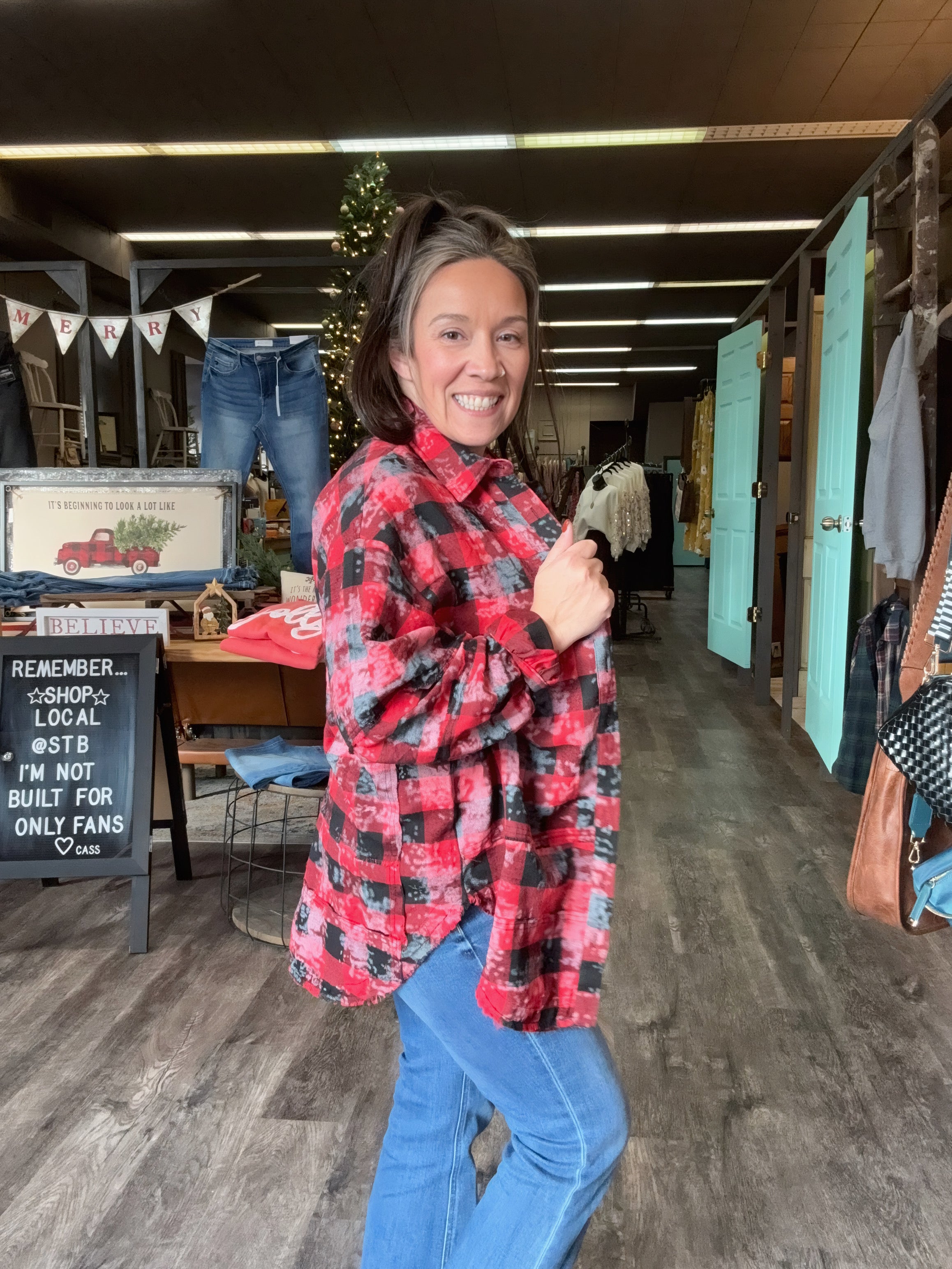 Crimson Crush Distressed Plaid Top