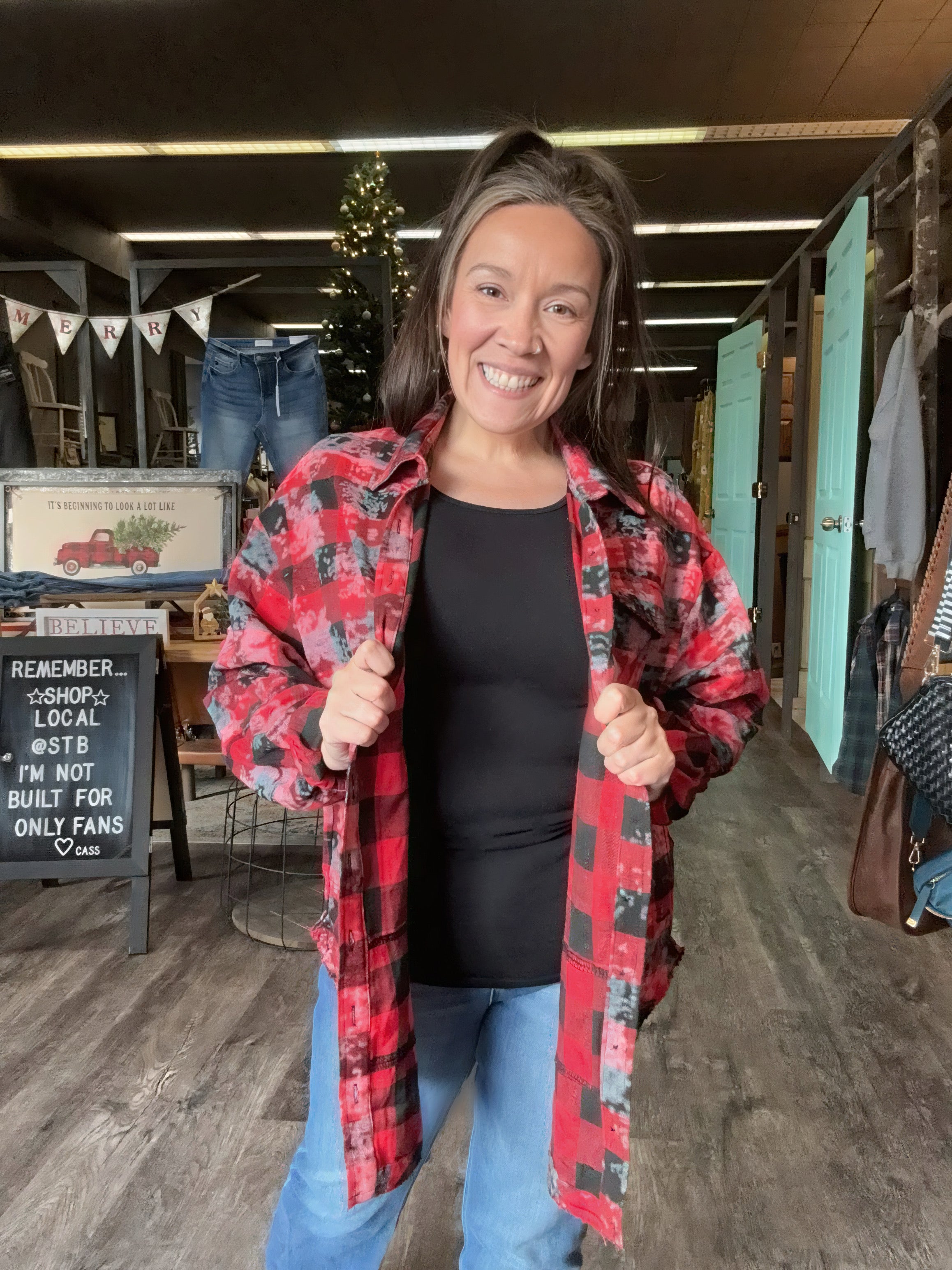 Crimson Crush Distressed Plaid Top