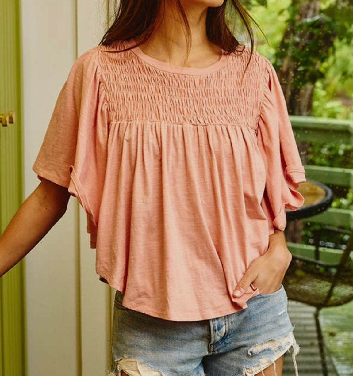 Flutter Sleeve Smocked Yoke V shape Hem