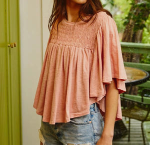 Flutter Sleeve Smocked Yoke V shape Hem