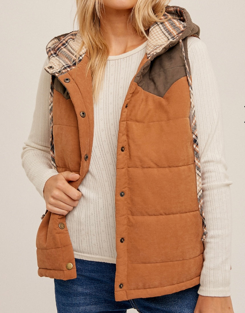 Color Block Plaid Hoodie Vest
