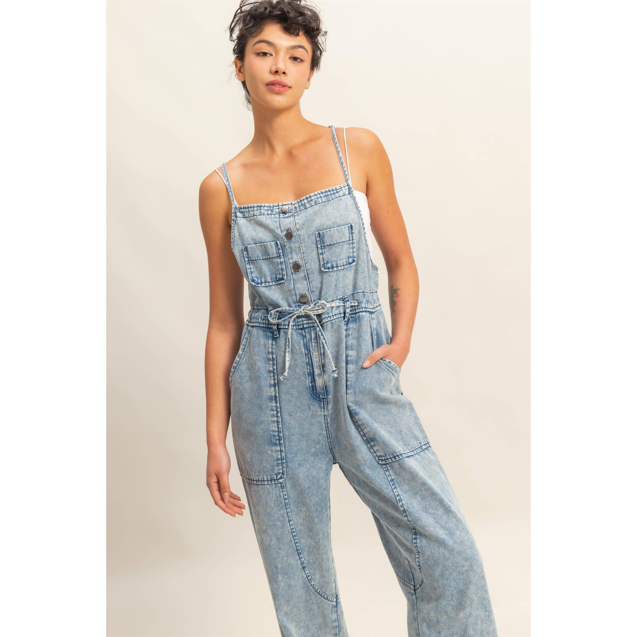 Front Pocket Drawstring Denim Jumpsuit