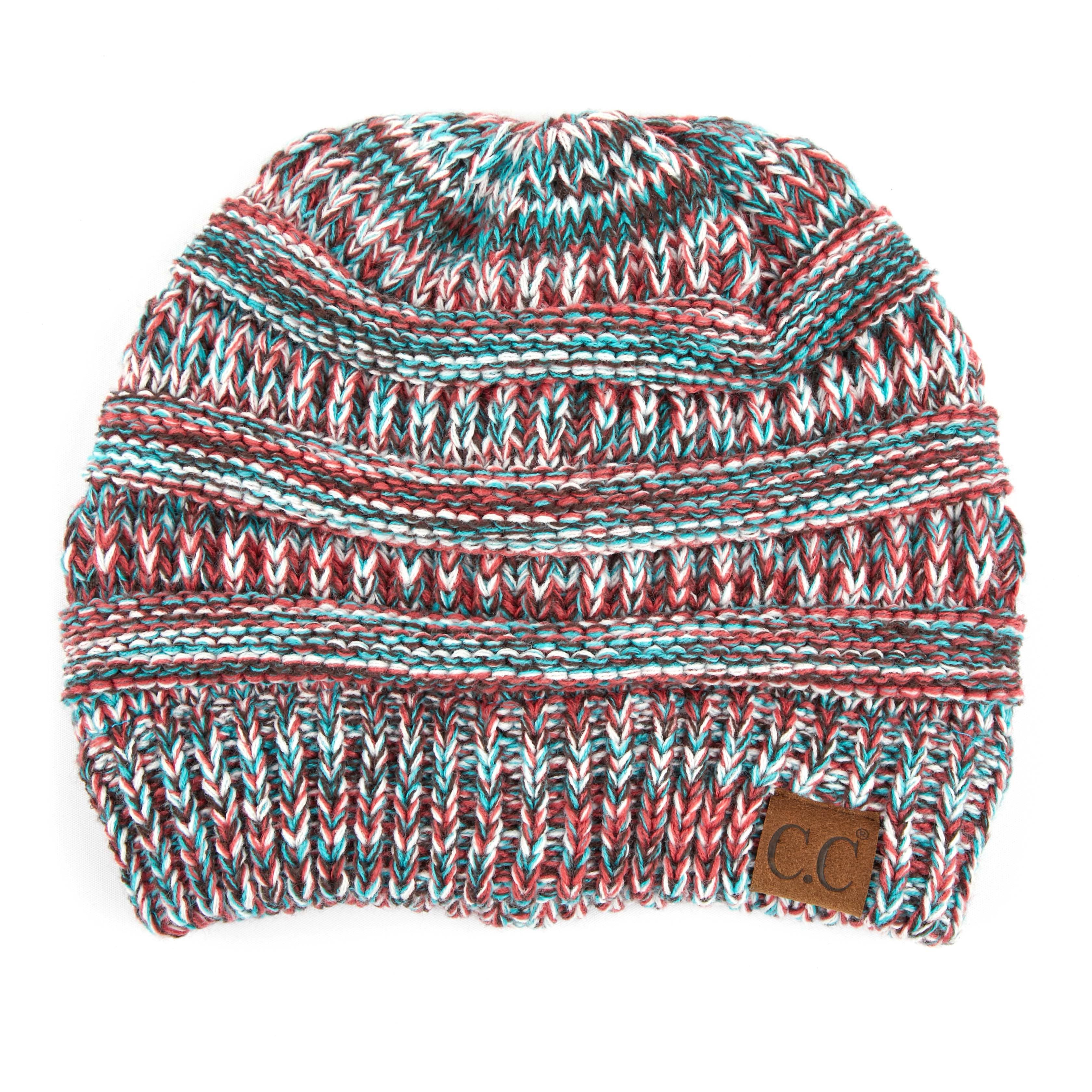 CC Crafted Multi Color Beanie 4-Tone: #19-Turquoise/Brown/Ivory/Cardinal