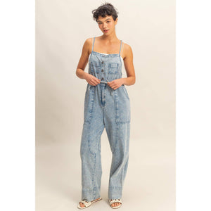 Front Pocket Drawstring Denim Jumpsuit