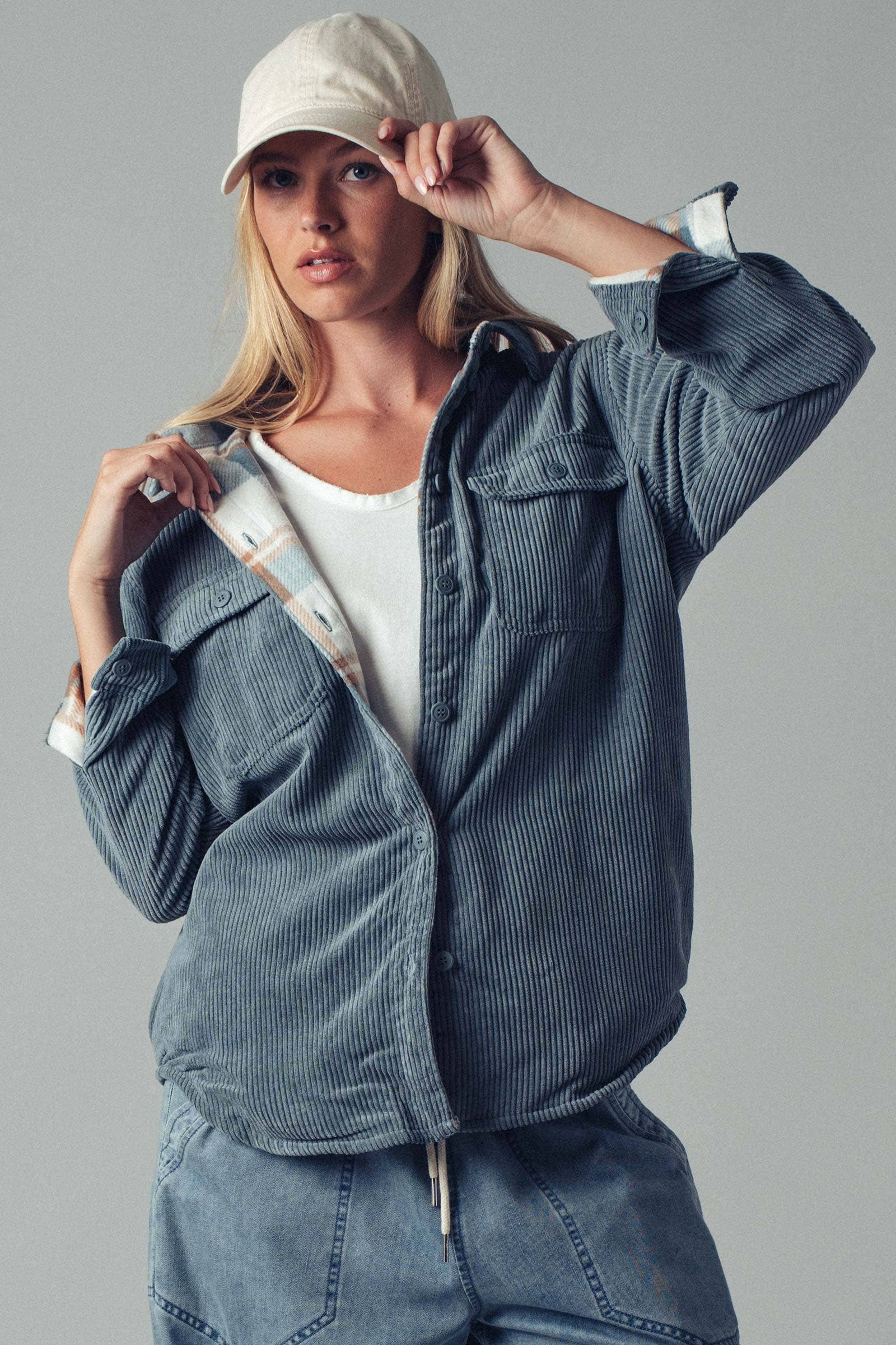 Plaid Lined Corduroy Flannel Shacket: BLUE STONE