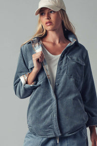 Plaid Lined Corduroy Flannel Shacket: BLUE STONE