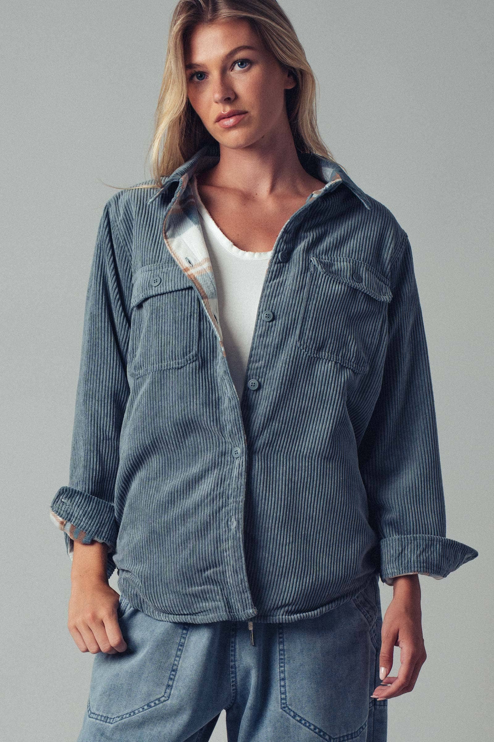 Plaid Lined Corduroy Flannel Shacket: BLUE STONE