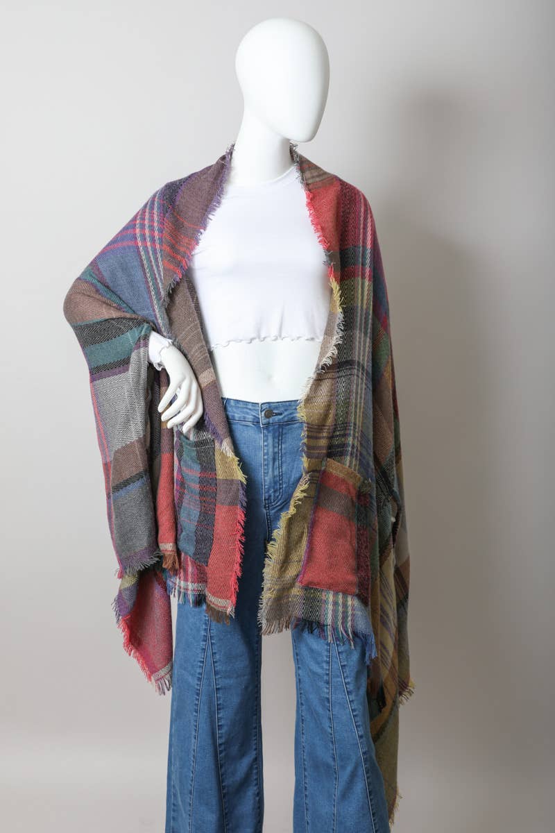 Multicolor Plaid Pocket Ruana