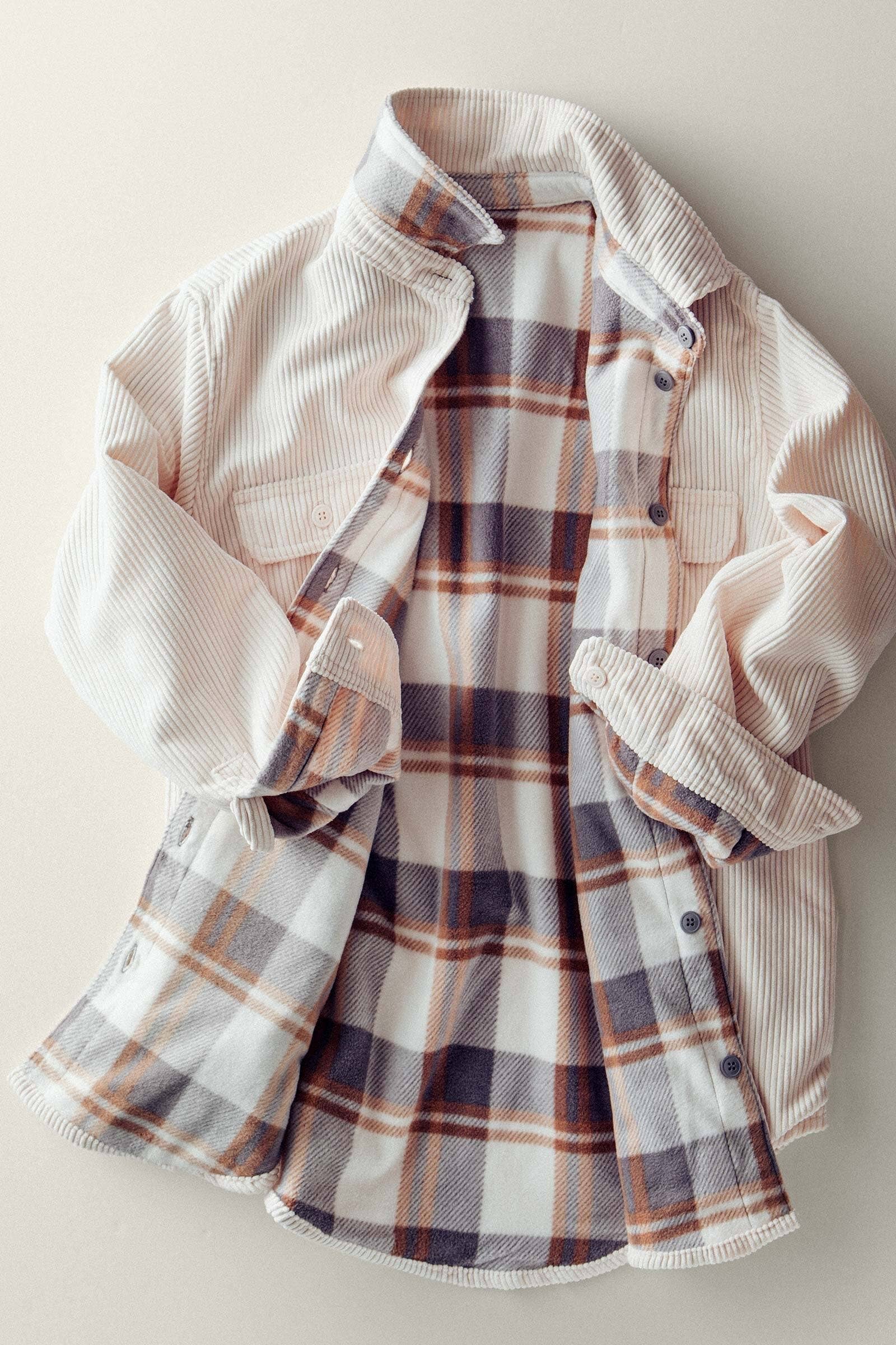 Plaid Lined Corduroy Flannel Shacket: CREAM