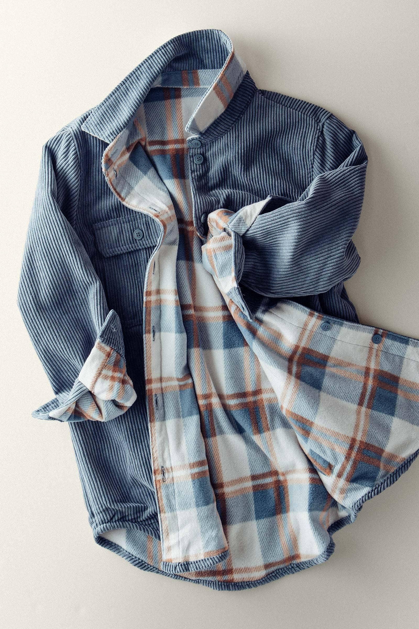 Plaid Lined Corduroy Flannel Shacket: BLUE STONE