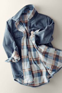 Plaid Lined Corduroy Flannel Shacket: BLUE STONE