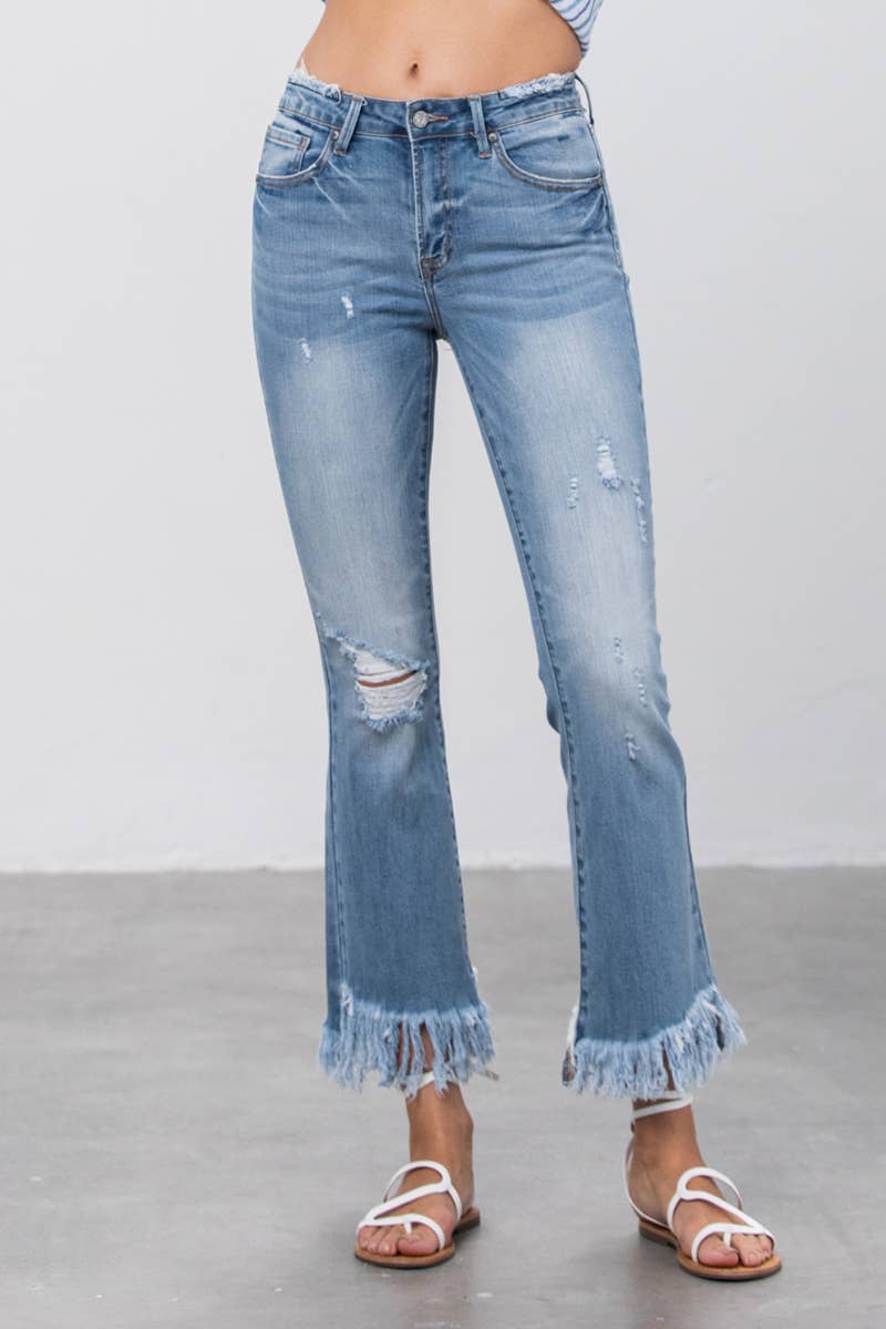 Mid Rise Long Bottom Frayed Crop Flare