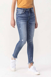 Fondly: MID RISE ANKLE SKINNY WITH FRAYED HEM