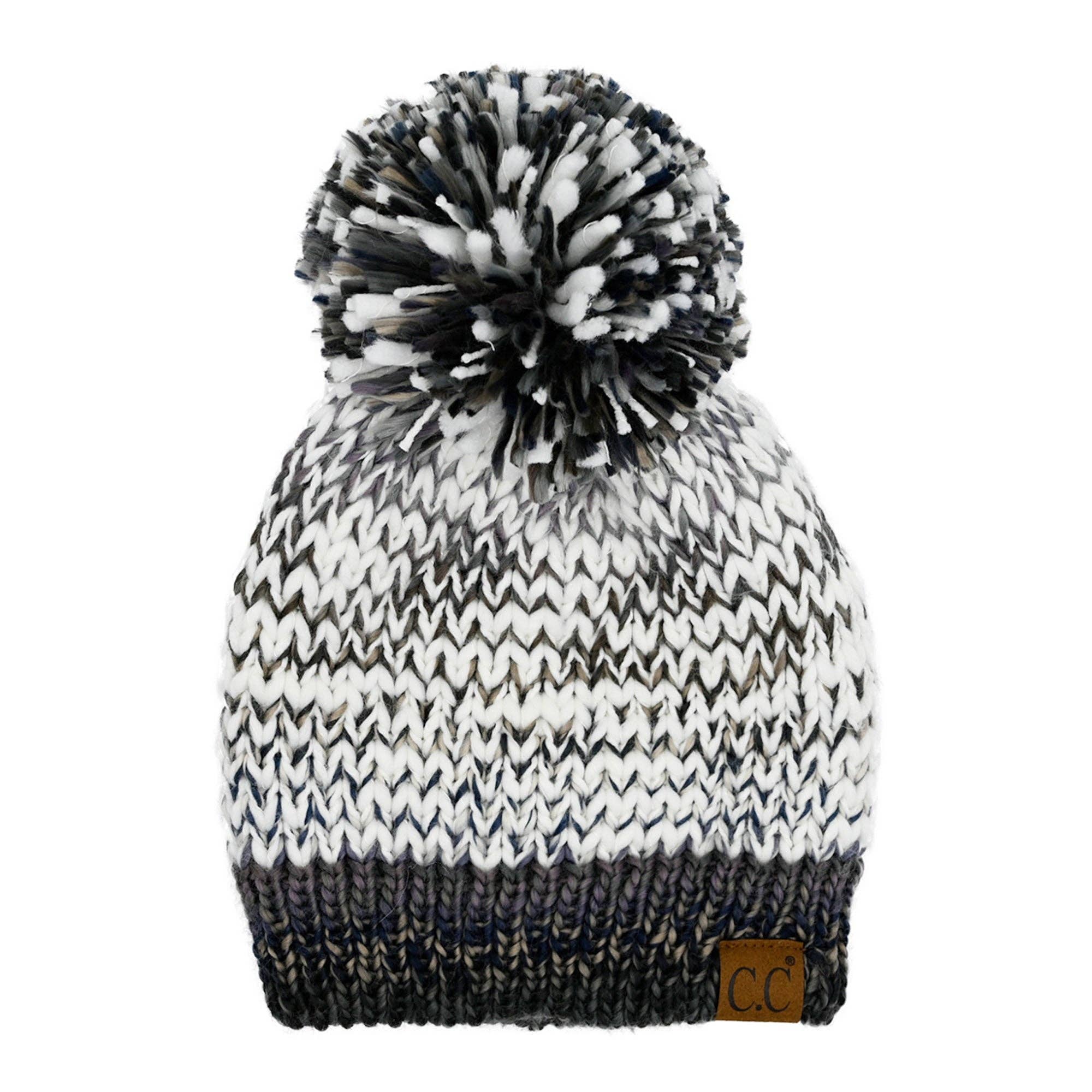 CC Multi-Color Yarn Beanie with Pom: Black/Grey Mix