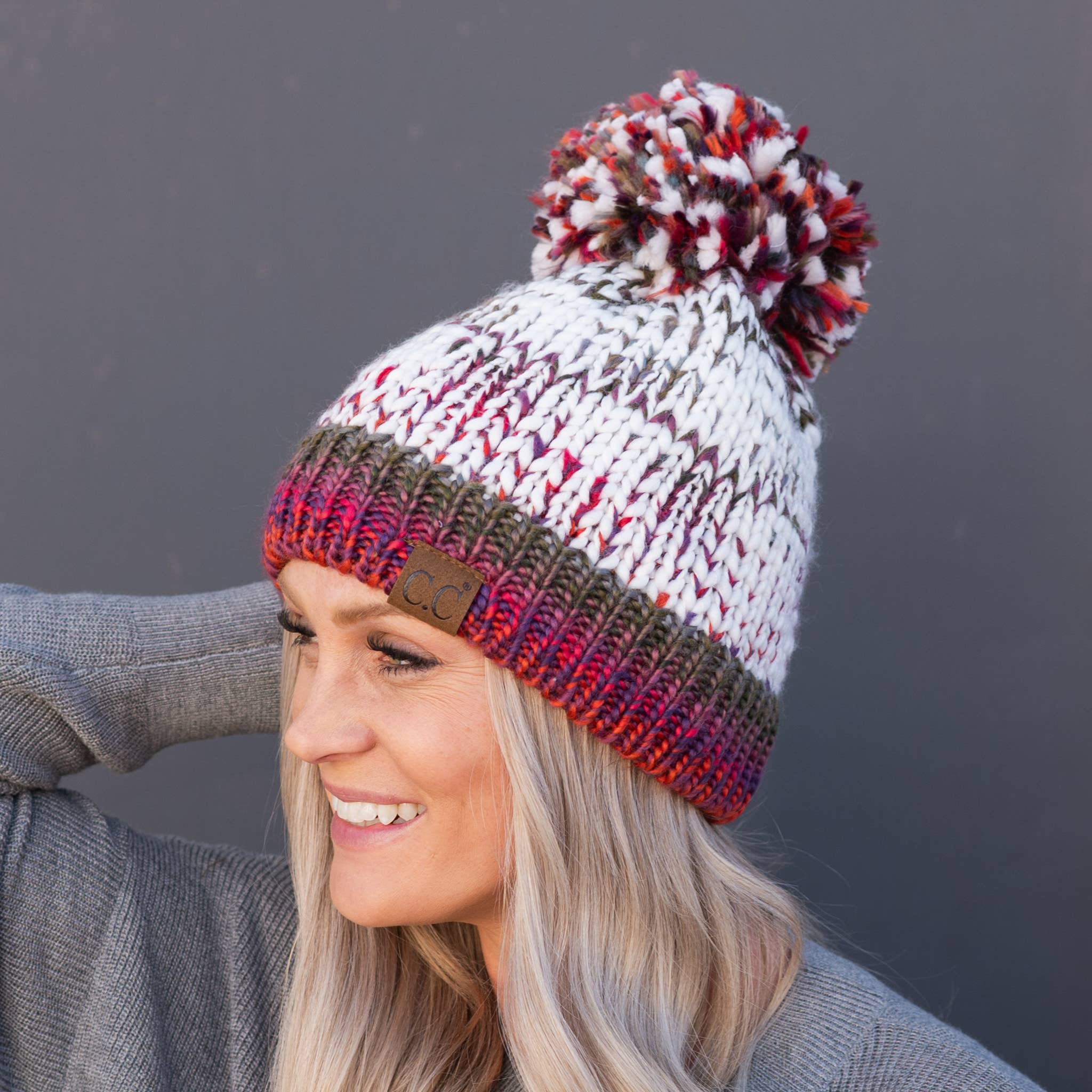 CC Multi-Color Yarn Beanie with Pom: Rose Mix