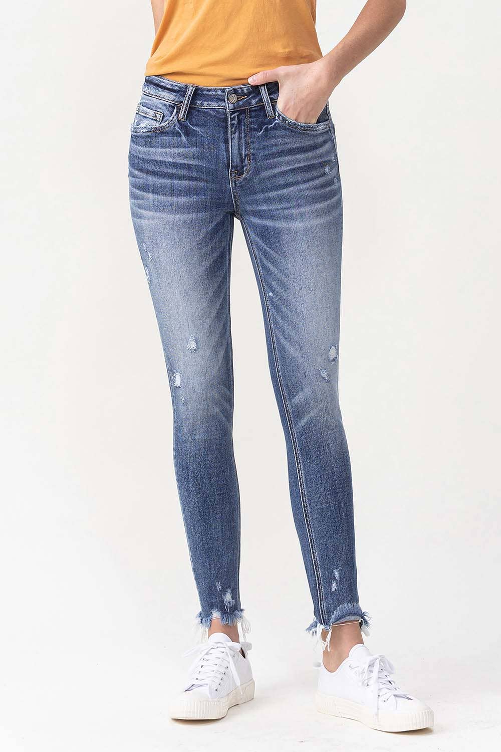 Fondly: MID RISE ANKLE SKINNY WITH FRAYED HEM