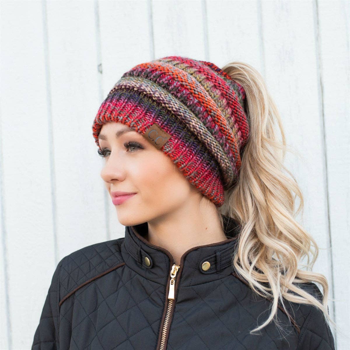 CC Bun/Pony Multi Colored Striped Beanie: Rust Mix