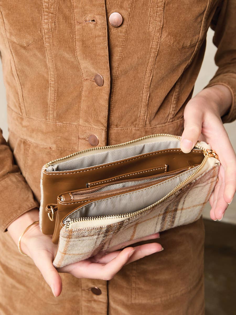 Riley Plaid Crossbody/Wristlet: Beige