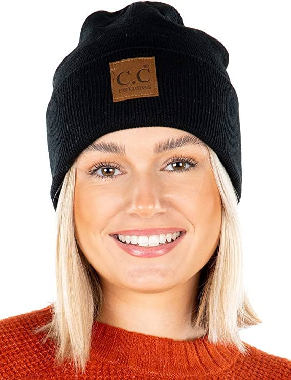Classic Rib Beanie (Suede Patch - Solid - Black)