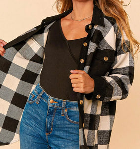 IVORY & BLACK BUFFALO PLAID BUTTON DOWN SHACKET