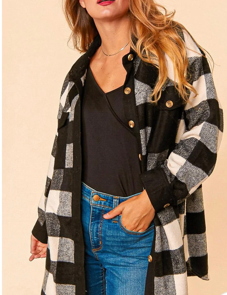 IVORY & BLACK BUFFALO PLAID BUTTON DOWN SHACKET