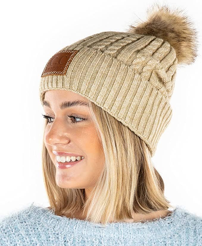 Pom Hat- Faux Fur (Double Braided -Beige)