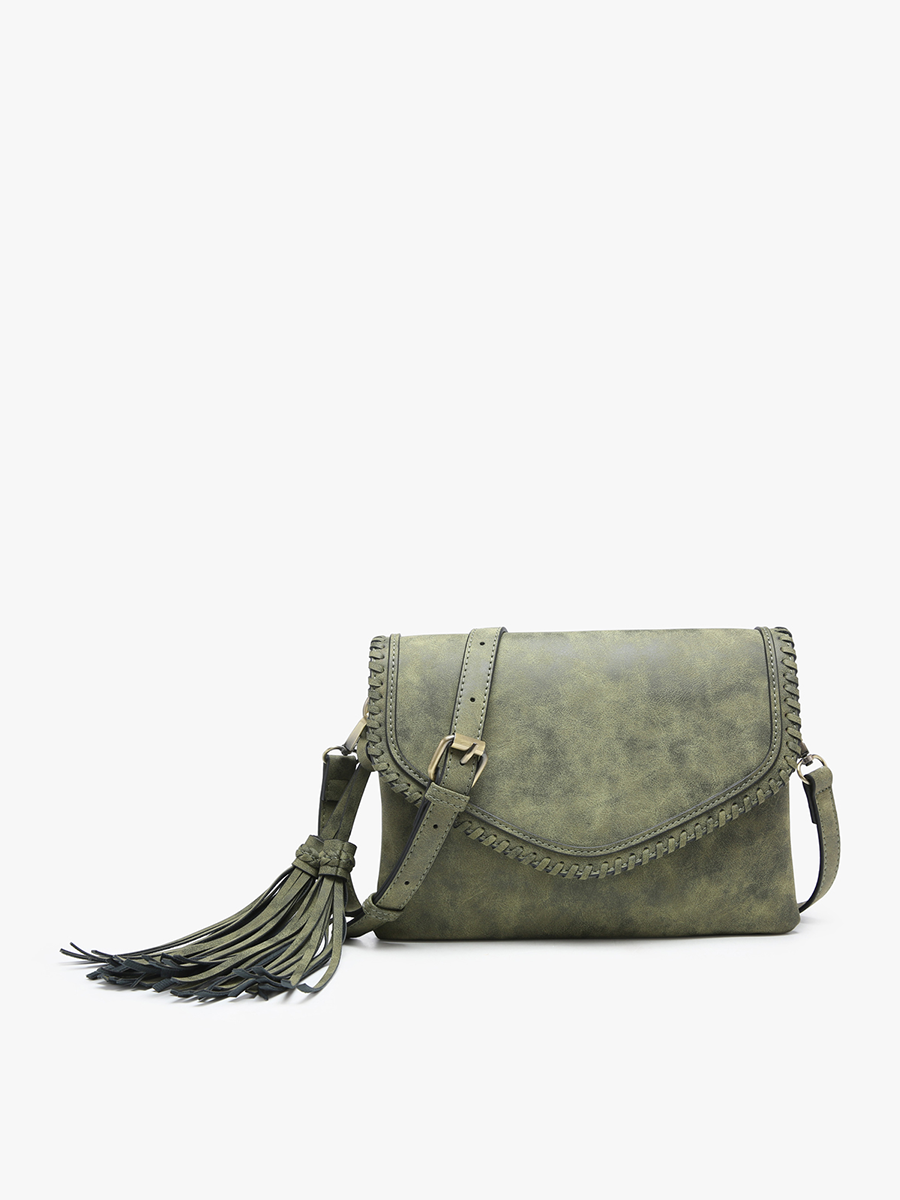 Sloane Suede Flapover Whipstitch Crossbody: Olive