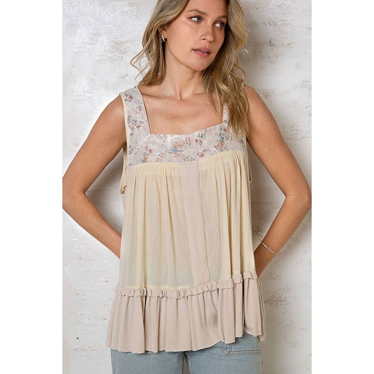 Floral Embroidered Sleeveless Ruffled Top