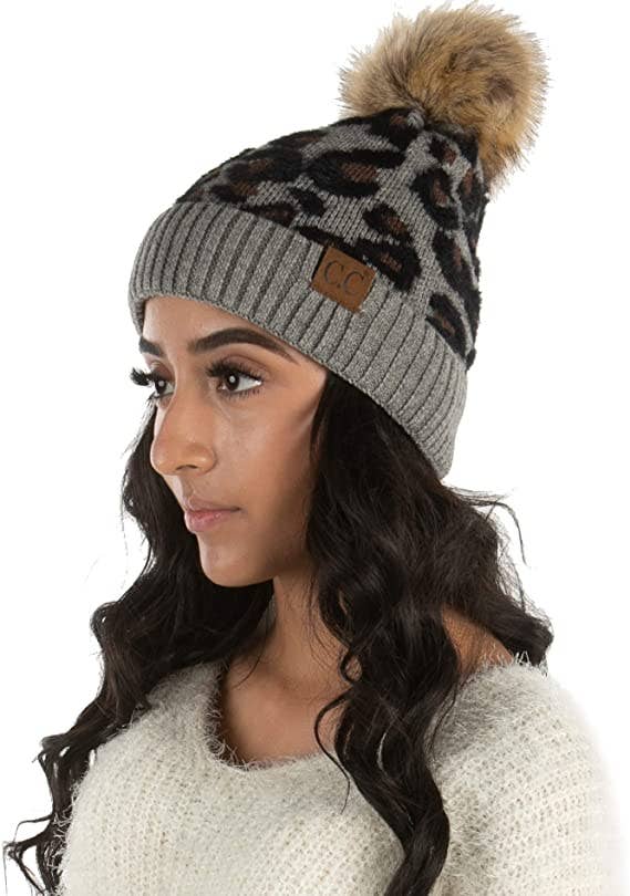 Pom Hat - Animal Print - Leopard (Heather Grey)